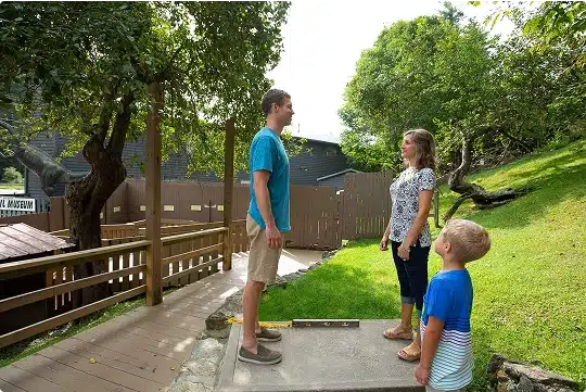 A man and woman stand facing each other on a tilted platform outdoors, appearing to differ greatly in height. A young boy stands nearby, looking up at them. Trees and a wooden walkway are in the background.