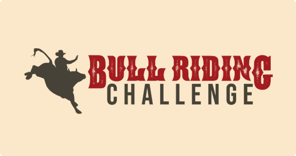 Logo with a silhouette of a cowboy riding a bucking bull to the left. Bold text reads “BULL RIDING” in red, distressed font, and “CHALLENGE” in black, capital letters on a tan background.