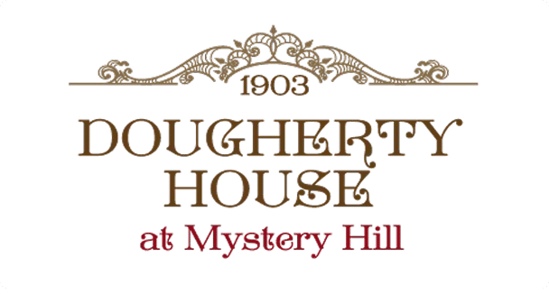 Ornate logo reading 1903 Dougherty House at Mystery Hill in brown and red text, with decorative scrollwork above, on a white background.