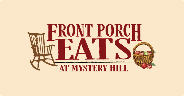 Logo for Front Porch Eats at Mystery Hill featuring a wooden rocking chair on the left, large red text, and a basket of apples on the right, all set on a light beige background.