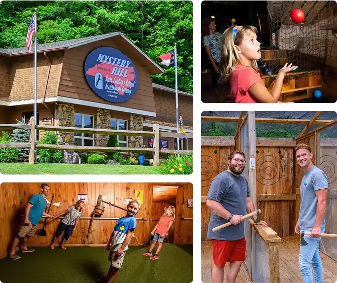 A collage shows the Mystery Hill attraction building, a girl playing an interactive game, two men holding axes near a target wall, and a family participating in a hands-on activity inside a wooden room.