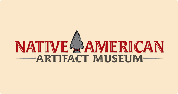 The logo for the Native American Artifact Museum features the text NATIVE AMERICAN ARTIFACT MUSEUM, with a gray arrowhead replacing the V in NATIVE. The background is light beige.