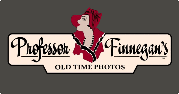 Logo for Professor Finnegans Old Time Photos featuring a vintage-styled illustrated woman in red with a hat and pearls between the text, all set against a light background with dark edges.