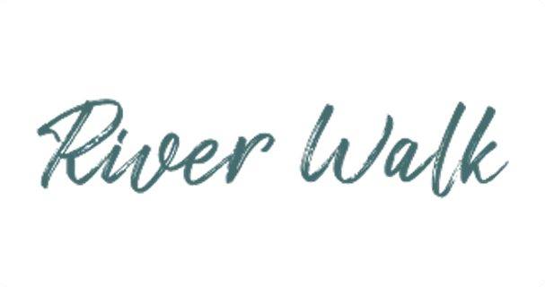 The image features the words River Walk written in a casual, teal-colored script font on a white background.